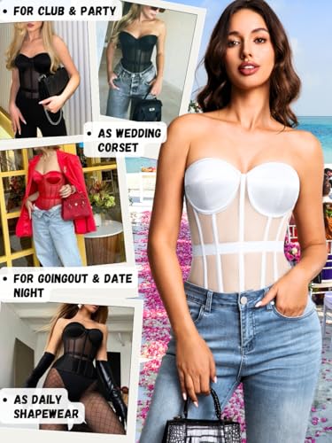 Image of Kaei&Shi Sheer Mesh Overbust Corset,Sexy Strapless Lace Up Satin Bra Corsets Top For Women Shapewear