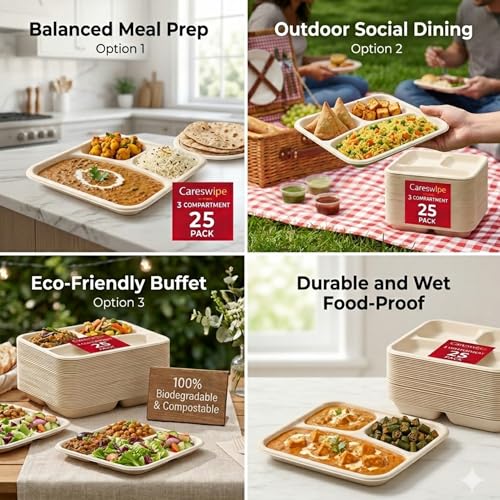 Image of 3 Compartment Disposable Paper Plates Meal Tray - Pack of 25 | Disposable Plates Eco Friendly Disposable Food Paper Plates | Home Use, Party, Picnic, Restaurant & Catering Use | Leak Proof