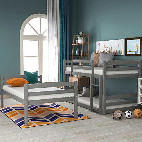 Triple Bunk Bed with Ladder, WeYoung Triple Bunk Beds for Kids/Twin Over Twin
