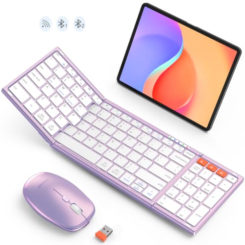Image of MEETION Foldable Bluetooth Keyboard and Mouse, Portable Combo Purple | Slim foldable keyboard and mouse set with a soft travel pouch, rechargeable and multi-device connection for work on the go