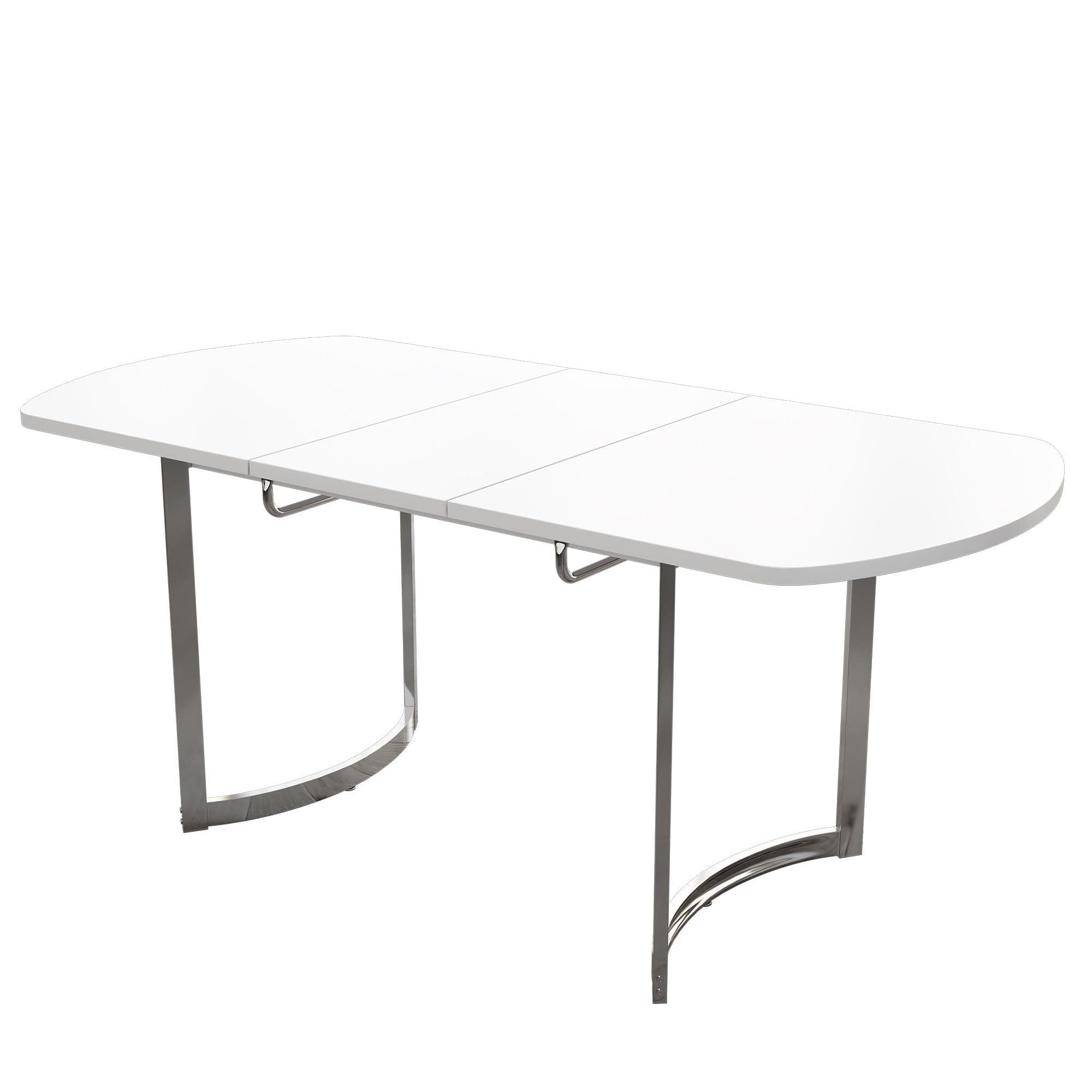 Soweiz Mesa de comedor extensible 140/180 x 80 cm, longitud extensible 180 cm, patas de metal plateadas, soporte de aleación de alta resistencia, adecuado para 4 – 6 personas, color blanco + plateado