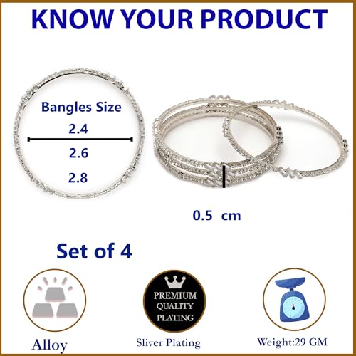 Image of ZENEME Jewelry Rhodium Plated Brass Silver Toned Set Of 4 American Diamond Gold Plated Bangles For Women and Girls
