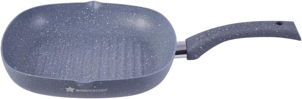 Wonderchef Granite Non-Stick Grill Pan 24cm for Kitchen, 1.8L Non-toxic Chemical & PFOA Free, Low-oil Cooking, Scratch-resistant, Gas Stove & Induction Friendly, Soft-Touch Handle, 2-Yr Warranty, Grey