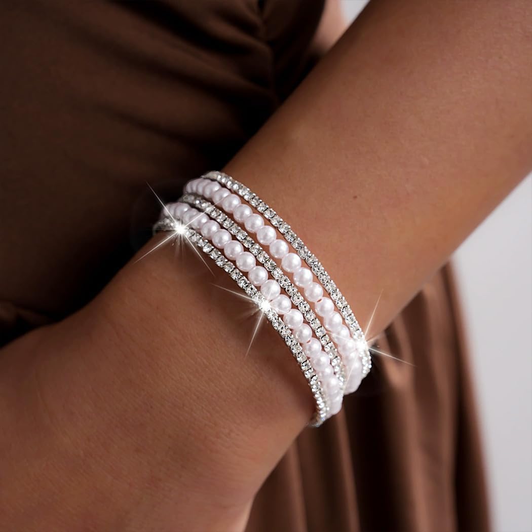 Silver Pearl Bracelet for Women Sparkly Stretch Rhinestone and Pearls Bangle Cuff Adjustable Faux Diamond CZ Bracelets Bling Wedding Costume Jewelry