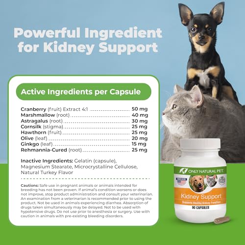 ONLY NATURAL PET Kidney Support Supplement | Supports Urinary Tract & Bladder Health w/Cranberry Extract | Incontinence Prevention (Capsules May be Opened and Contents Mixed w/Food) - 90 Capsules - Thumbnail 3