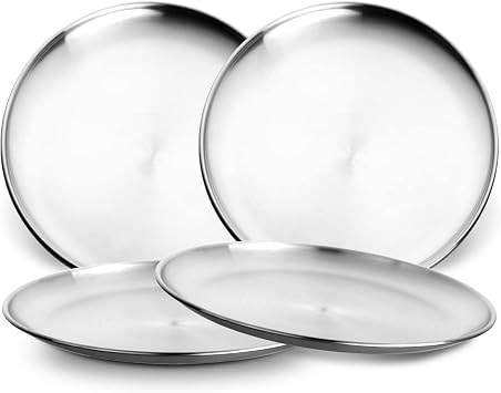 4 Pieces Stainless Steel Plates, 9" Metal Round Dinner Plates, Salad Appetizer Dishes Set for Picnic BBQ Camping, Unbreakable and Reusable Serving Platter Dishwasher Safe Silver