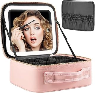 LED Makeup Travel Case with Built-In Mirror & Adjustable Lights – Waterproof Hard Shell Cosmetic Organizer with Removable Dividers, Portable Storage Box for Makeup, Jewelry, and Accessories