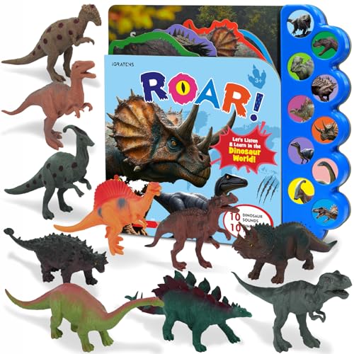Image of iGRATENS Dinosaur Toys with Sound Books, 10PCS Dino Toy for Toddlers & Animal Sounds Book with 10 Buttons, Realistic Plastic Animal Figures, Dinosaur Toys for Kids 3-5, Dinosaurs Lover Gifts for Kids