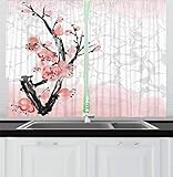 Ambesonne Floral Kitchen Curtains, Japanese Cherry Blossom Sakura Tree Branch Soft Pastel Watercolor Print, Window Drapes 2 Panel Set for Kitchen Cafe Decor, 55' X 39', Pink Coral