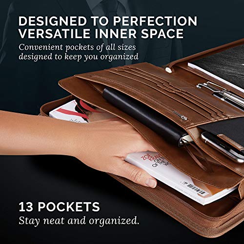 Image of NERO MANETTI- Zippered Vegan Leather Padfolio /Portfolio Pad Holder-Business PU Leather Notepad Folder for Resumes, Interviews, iPad /Tablet, Phone, Legal Pad Notebook Executive Binder for Women, Men
