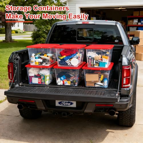 Image of SIMPLYKLEEN Storage Totes with Lids - Made in USA 14.5-Gallon (58-Quart) 4-Pack Clear Plastic Red Storage Bins Storage Containers Large Storage Boxes Organizer for Home, Office, and Garage Clear /Red