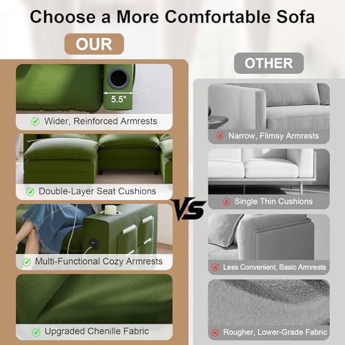 Image of KCGKCG 116 inch Modular Sectional Sofa, U Shaped Cloud Couch with Movable Ottoman, Chenille Deep Seat Cloud Sofa with Charging Station, Cup Holder, Side Pocket, Sectional Couches for Living Room, Green