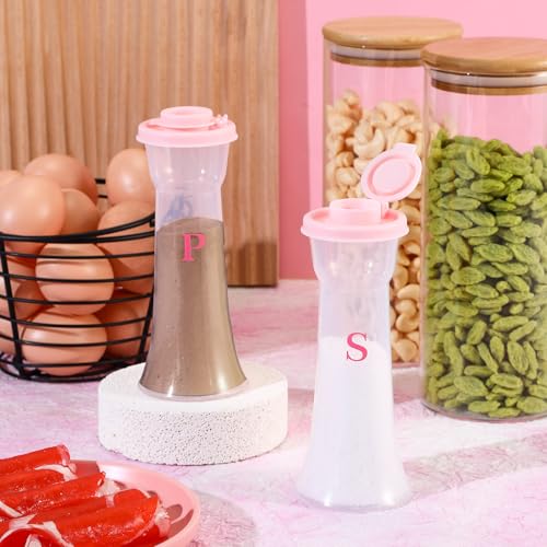 Image of Set of 2 Plastic Salt and Pepper Shakers with Lids Large Salt Shaker Pepper Container Vintage Tall Hourglass Camping Picnic Outdoors Travel Spice Set for Home Picnic Kitchen(Classic,Pink)