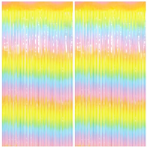Image of Easter Decorations Thicken Pastel Rainbow Streamers, 2 Pack 3.2 x 8.2 FT Pastel Birthday Decrorations Tinsel Backdrop Curtains, Foil Fringe Photo Backdrop for Baby Shower, Spring Party Decorations