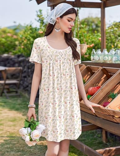 Image of Ekouaer Nightgowns for Women Pleated Sleep Shirts Short Sleeve Night Shirts Lace Trim Night Gown Ladies Sleep Dress