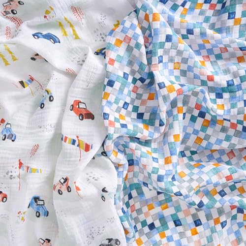 Image of aden + anais Essentials Cotton Muslin Swaddles, Breathable Baby Blanket, Ideal for Boys, Girls, Newborns, Babies & Infants, Receiving Blanket, Soft and Lightweight Wrap, 2 Pack, Vintage Car Rally