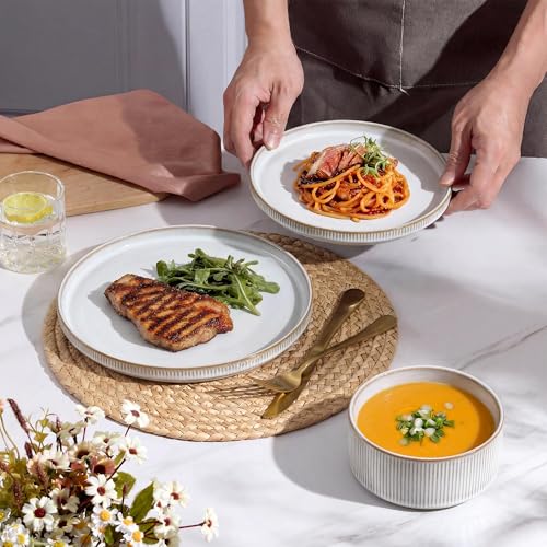 Image of E-far Stoneware Dinnerware Sets for 2, 6-Piece Plates and Bowls Sets, Chip & Scratch Resistant Ribbed Dish Set for Home Restaurant, Microwave & Dishwasher Safe, Creamy Beige