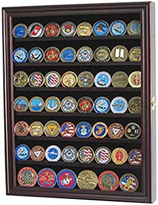 Military Challenge Coin Display Case Lockable Wood Cabinet Rack Holder Black Shadow Box with Removable 2 Grooves Shelves and Anti Fade Real Glass Door Mahogany Finish