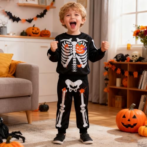 Naiyafly Toddler Kids Skeleton Halloween Outfit Boys Girls Skull Pumpkin Print Long Sleeve Pullover Sweatshirt Jumper + Jogger Pants 2Pcs Fall Clothes Set Tracksuit Pajamas 1-7 Years - Image 6