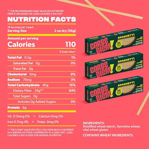 Carbe Diem!, Spaghetti, Lower Net Carb Pasta with Traditional Flavor & Texture, 55% Fewer Net Carbs & Only 110 Calories Per Serving, Pack of 3