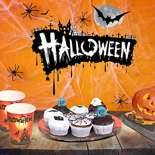 Halloween Party Supplies Tableware Set Serves 24 Guests, 96Pcs Halloween Plates And Napkins, Cups, Disposable Dinnerware Set For Halloweeny Table Centerpieces Decorations #TOP6