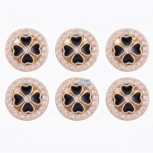 Image of Pack of 6 Round Black Clover Flower Rhinestones with Golden Finish Buttons Diameter 18 mm,(28 L) Shank for Garment Clothing Accessories Fit Sewing Scrapbooking Garment DIY Decoration