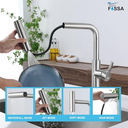 Image of Fossa Pull-Out Kitchen Faucet | Stainless Steel Sink Faucet with Single Lever Control | Rainfall & Waterfall Flow Modes | 360 Swivel Spout | Pull-Out Spray for Kitchen Sinks Silver (Matte Finish)