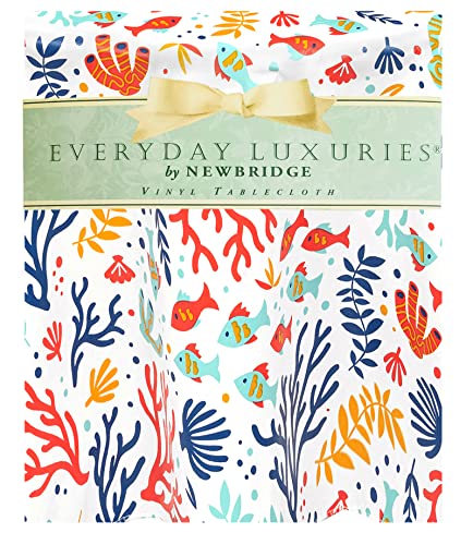 Newbridge Under The Sea Coastal Flannel Backed Vinyl Tablecloth - Colorful Tropical Fish And Coral Print Vinyl Tablecloth With Flannel Backing, 52 In X 52 In Square #TOP1