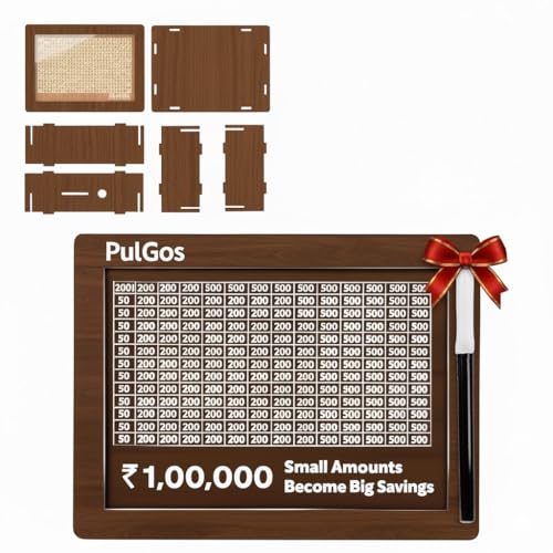 Image of PulGos Wooden Money Saving Box with Marker | ₹50,000 Challenge Piggy Bank for Kids & Adults | Reusable Savings Tracker Gullak | Coin & Cash Deposit Wooden Money Bank | ₹50K Milestone Box