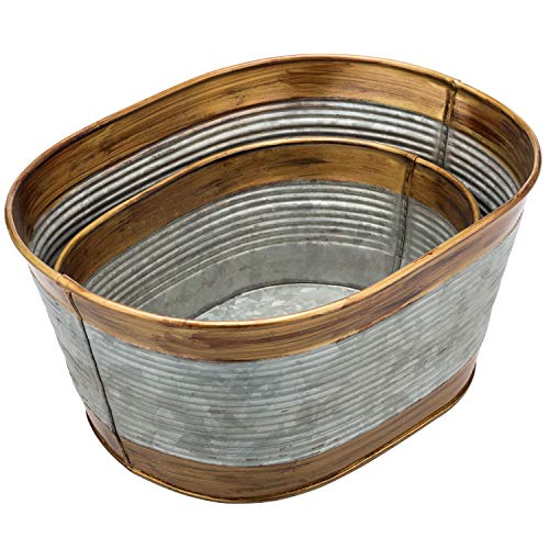 Mygift Silver Metal Galvanized Bucket Planter, Rustic Tub Style Plant Pot With Vintage Copper Tone Rim, Set Of 2 - Handcrafted In India #TOP5