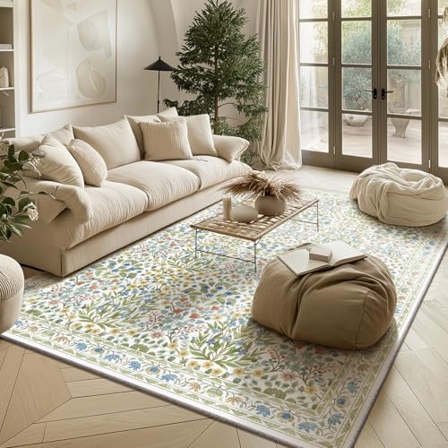Image of Light Green 5x7 Area Rug - Vintage Floral Washable Bedroom Rug for Living Room, Nursery, Dining Room - Low Pile, Non-Slip, Stain Resistant, Retro Indoor Floor Rug