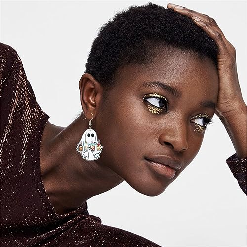 Halloween Ghost Earrings for Women Cute Funny Cartoon Ghost Print Pumpkin Wooden Resin Acrylic Dangle Halloween Lightweight Wood Acrylic Dangle Drop Earrings Halloween Party Jewelry Gifts (Coffee Ghost)3