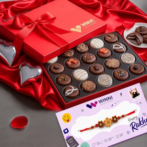 Image of WINNI - Delightful Chocolate Cookies 24 Pcs + Rakhi Pack | Rakhi Gift For Brother & Sister | Celebration Chocolate Cookies Gift Hamper | Rakhi Gift For Kids, Girls, Boys, Brother, Sister, Bhaiya, Bhabhi | Rakhi Gift Set | Dark Chocolate Pack | Choco Cookies Gift Bouquet | Luxury Return Gift