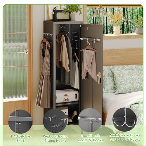 Image of SUPEER 1-Door Metal Locker with Lock, Pegboard, Hooks and Hanging Rod | 15 inchW x 15 inchD x 54.45 inchH steel locker with 2 pegboards, 5 hooks, an interior hanging rod and required assembly.