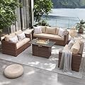 UDPATIO Outdoor Patio Furniture Set with 44" Fire Pit Table, 4 Pieces Outdoor Furniture Sets, Wicker Rattan Patio Conversation Sets with Outdoor Sofa Waterproof Covers for Porch Deck Backyard, Khaki