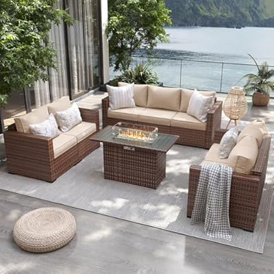 UDPATIO Outdoor Patio Furniture Set with 44" Fire Pit Table, 4 Pieces Outdoor Furniture Sets, Wicker Rattan Patio Conversation Sets with Outdoor Sofa Waterproof Covers for Porch Deck Backyard, Khaki