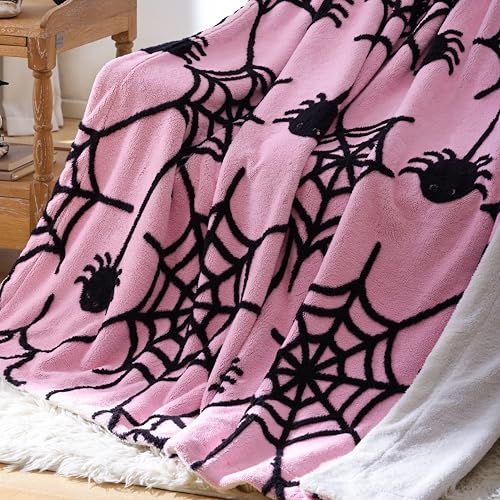 weigelia Halloween Throw Blanket - Pink Cute Spider Web Design Fleece Throw for Decorating Couch Bed Sofa, Soft Cozy Plush Halloween Blanket Gift for Kids Women, 60'' x 80''