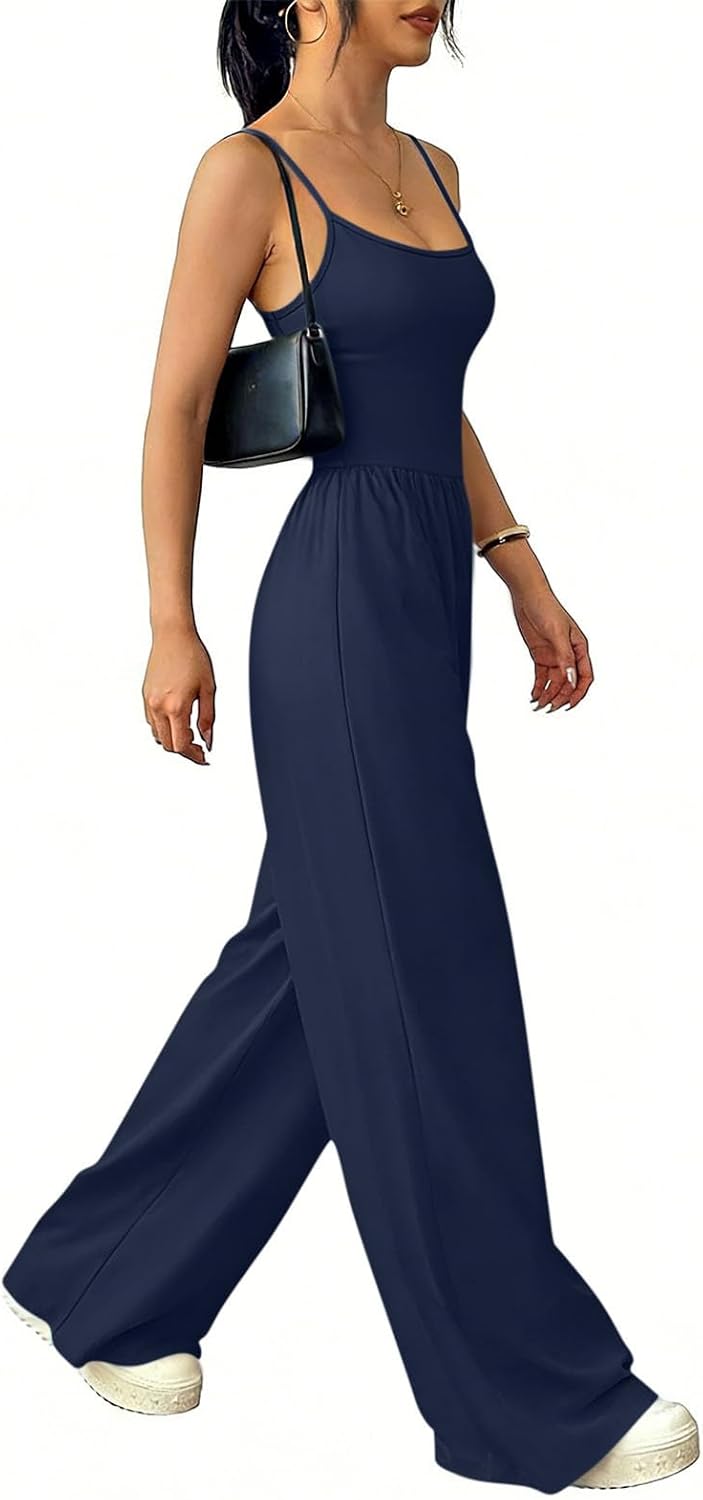 Jumpsuits for Women Square Neck Sleeveless Wide Leg Rompers Loose Fit Long Pant Rompers Beach Vacation Clothes