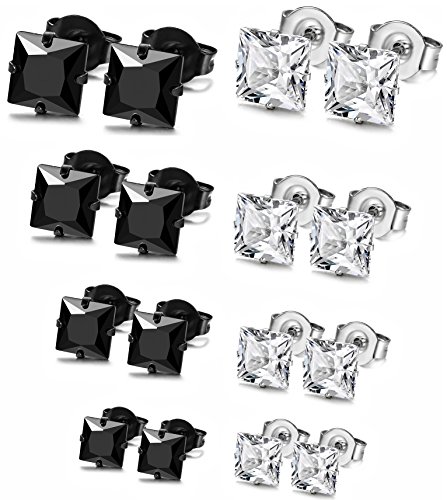 ORAZIO 8 Pairs Stainless Steel Mens Womens Stud Earrings Pierced Cubic Zirconia Earrings, 3mm-6mm