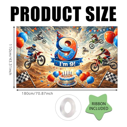 Image of Nuxovilar Happy 9th Birthday Banner Yard Sign 71 inchx43in Polyester Backdrop | Celebrate Party Supplies, Celebration Decor. Dirt Bike Birthday Party Decorations. Yard, Garage, Room. (Dirt Bike 9th)