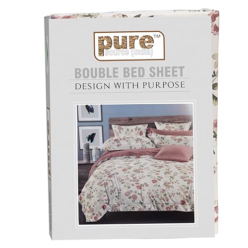 Image of Pure Source India Pure Cotton Elegance Bedding Set, Dreamy Cotton Comfort Double Bed Sheet with Pillow Covers (Pink Flora Green Leaf)