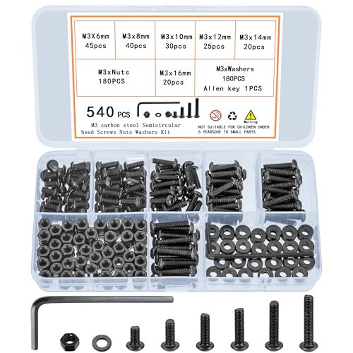QOOSIKICC 540 Pcs M3 Screw Assortment, M3 Bolts and Nuts Kit, Hex Socket Button Head Cap Screws and Nuts and Washers Set, Metric Machine Screw Assortment Kit, 10.9 Carbon Steel Assorted Screws
