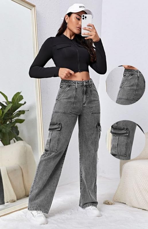 Image of Amazon Brand - INKAST Women Multi-Pocket Denim Cargo Pants Casual Fit Stylish Trousers
