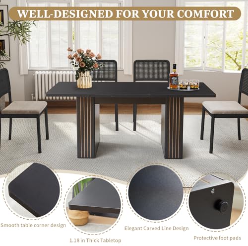 Image of 55 in-71 in Extendable Rectangular Dining Table for 4-6, Modern Farmhouse Expandable Kitchen Table with Carved Line Base, Wooden Dinner Table for Kitchen Living Room Home Office (Black)