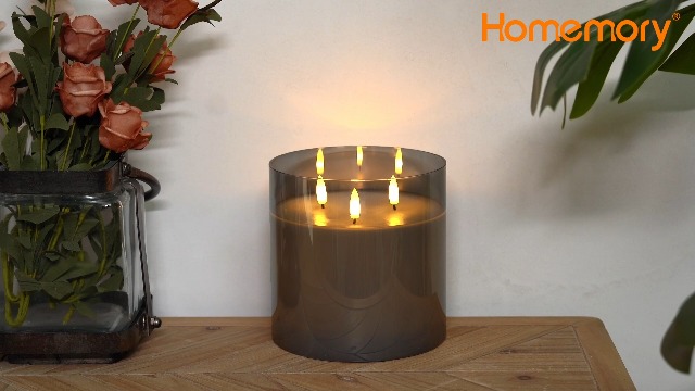 Image of Homemory 6X6'' Extra Large Flameless Candle with 3 Wicks, Glass LED Pillar Candle, Real Wax Battery Operated Candle with Remote Control and Timer, Grey