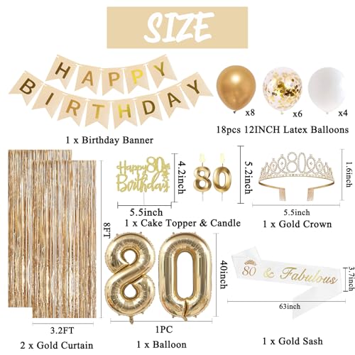 Image of Trgowaul 80th Birthday Decorations for Women, Banner, Sash and Crown, Cake Topper, 80 Number Balloon, Fringe Curtains, Champagne Gold 80th Birthday Party Supplies