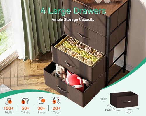 Image of AODK Dresser for Bedroom with 4 Storage Drawers, Small Dressers Chest of Drawers Fabric Dressers with Sturdy Steel Frame, Dresser for Closet with Wood Top, Brown