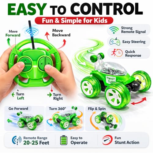 Image of SMART BOY Rechargeable 360 Stunt Remote Control Car for Kids with LED Lights, USB Charging, Anti-Skid Rubber Tires, 4WD RC Toy Indoor Outdoor Toy Gift for Boys Girls Age 3 4 5 6 7+ Years 9802GREEN