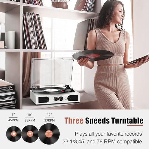 Image of Vinyl Record Player with Built-in Stereo Speakers, Vintage 3-Speed Turntable, Bass /Treble Control, Headphone Jack, RCA /AUX Outputs, Belt-Driven LP Player, White Wood