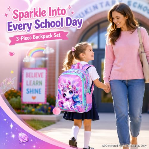 Image of 16 inch Unicorn Backpack for Girls, 3Pcs Kids School Backpacks with Lunch Box, Bookbag for Elementary Preschool Kindergarten(Pink)